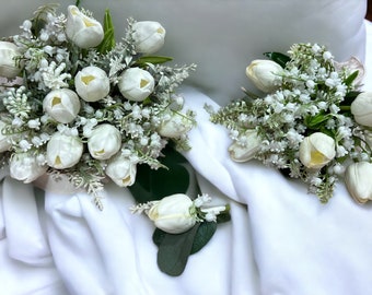 White Bridal Wedding Wedding Bouquet, Bridal Bouquet, Bridesmaids Bouquet,Rose Bouquet, Wedding Accessories Corsages Boutonnières