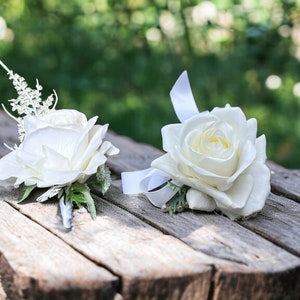 White Rose Corsage and Boutonniere- Real Touch Artificial Rose Corsage For Wedding, Graduation Prom, Event