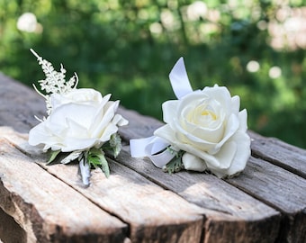 Weiße Rose Corsage und Boutonniere - Real Touch Künstliche Rose Corsage für Hochzeit, Abschlussball, Event