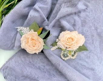 Peach Rose Flowers Corsage and Boutonniere / Wrist Floral Corsage / Bridesmaid Corsage / Prom Corsage and boutonniere / Wedding Corsage