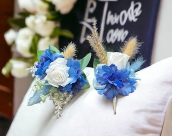 Sea Breeze Corsage and Boutonniere- Real Touch Delphinium And Preserved Rose  Corsage For Wedding, Graduation Prom, Event