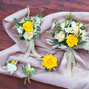 Rustic Bright Yellow Bridal Wedding Bouquet, Bridal Bouquet, Bridesmaids Bouquet,Rose Bouquet, Wedding Accessories Corsages Boutonnières