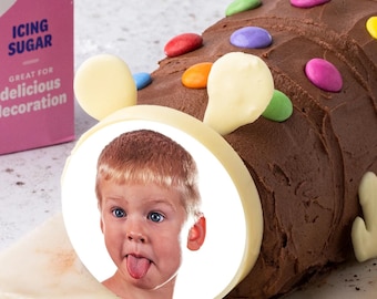 Personalised Own Photo Edible Caterpillar Cake Face Colin Clyde Morris Slinky Connie Giggles Fuzzy