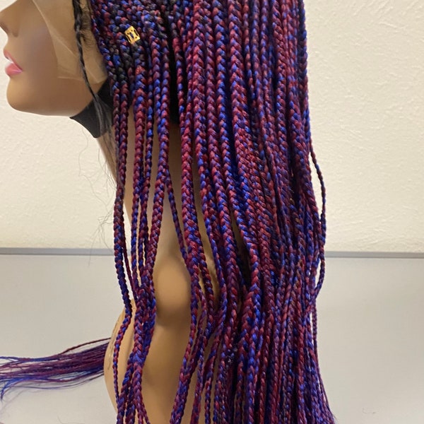 Hand made Corn Row Twist out Braided lace front Wig Ready to ship blue & burgundy wig