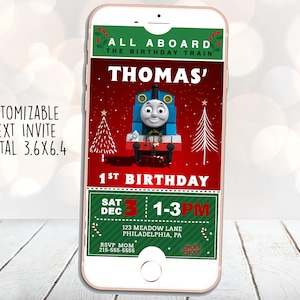 Invito alla festa di compleanno di Thomas the Train, Natale Invito a Thomas, Compleanno Thomas and Friends, Invito di testo, Invito digitale, Vacanze
