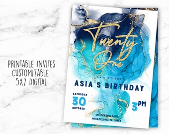 21st Birthday Invitation, Customizable Invite, 21st Birthday Party, Birthday Party Invite, Blue Marble Invite