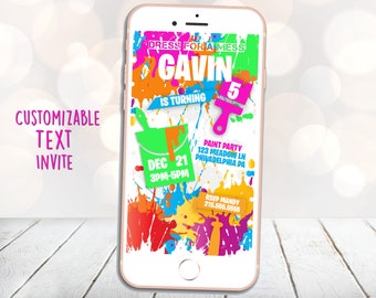 Puede incluir: Una invitación colorida en la pantalla de un teléfono para una fiesta de pintura. La invitación dice "Dress for a Mess" y "Gavin cumple 5 años". La fiesta es el 21 de diciembre de 3pm a 5pm. La dirección es 123 Meadow Ln, Filadelfia PA. RSVP a Mandy al 215.555.5555.