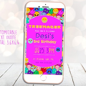 3rd Birthday Invitation, Threenager, Smile Face Bday Party Invites,, Digital Invite, 3, TEXT Invitation