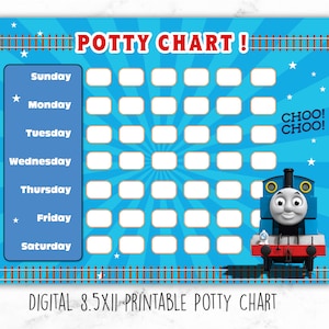 Può includere: Un grafico di allenamento per il vasino stampabile blu e bianco con Thomas il Treno. Il grafico ha una griglia di quadrati per ogni giorno della settimana e uno spazio per adesivi o segni di spunta. Il testo "POTTY CHART!" è in cima al grafico. Il testo "CHOO! CHOO!" è nell'angolo in alto a destra del grafico. Il testo "DIGITAL 8.5XII PRINTABLE POTTY CHART" è in fondo al grafico.