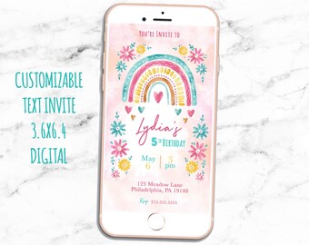 Rainbow Birthday Invitation, Rainbow Text Invitation, Simple Birthday Invite, Rainbow and flowers, Digital Invite, Kids Birthday Invitation