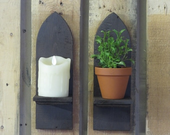 Pair of handmade reclaimed wood wall sconce candle flower pot tea light holders available in various colours.