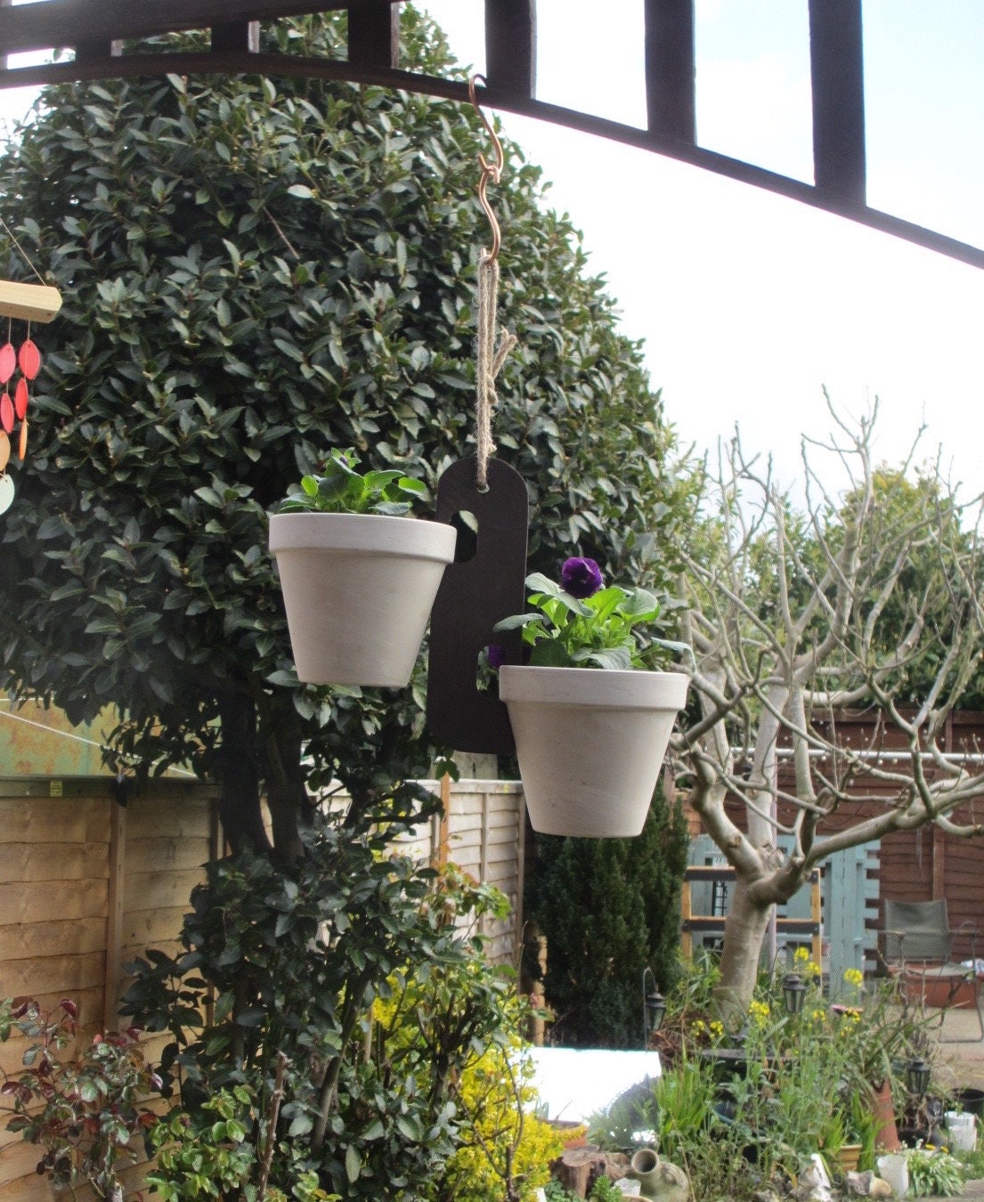 Two pot handmade wooden flower pot hanger holder