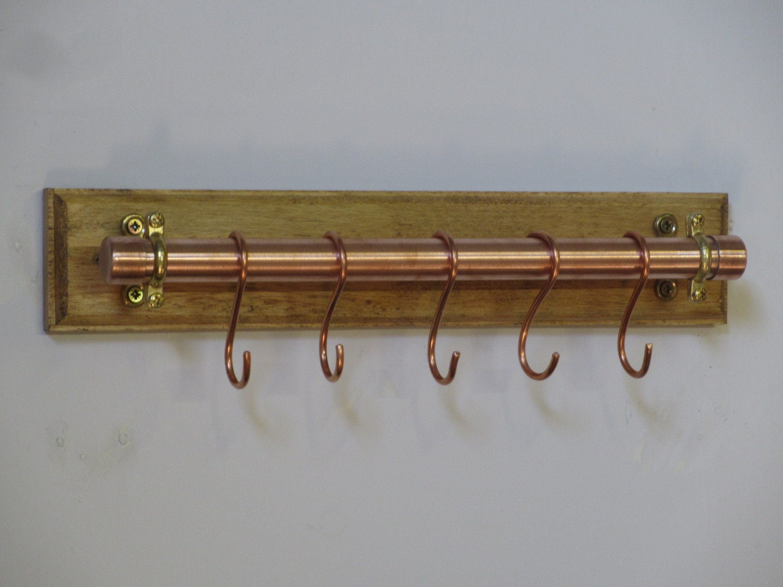 Copper Kitchen Utensil/pan Hanging Rail Mounted on a Wooden Back Board ...