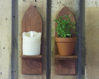 Pair of handmade reclaimed wood wall sconce candle flower pot tea light holders available in various colours.
