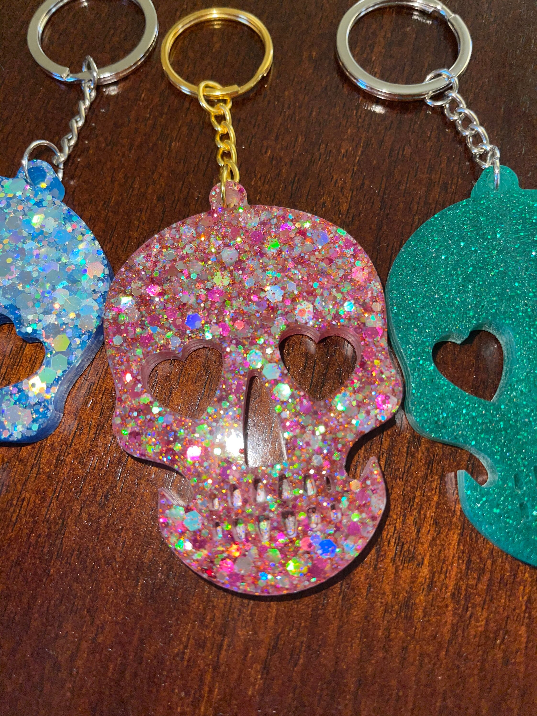 Sparkly resin handmade skull keychains Etsy