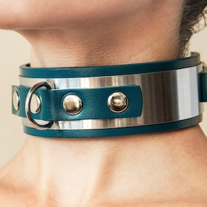 Handmade custom Metal Blue Leather choker D ring collar "Nelli" (10 color options stainless steel hardware)