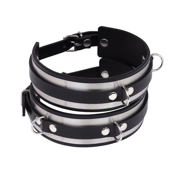 Premium Quality Metal-Black-Leather Thigh Cuffs "Nelli" (10 color options stainless steel hardware)
