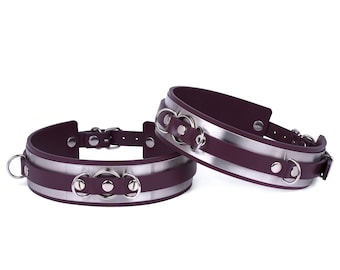 Premium Quality Metal-Bordeaux-Leather Thigh Cuffs "Marine" (10 color options stainless steel hardware)