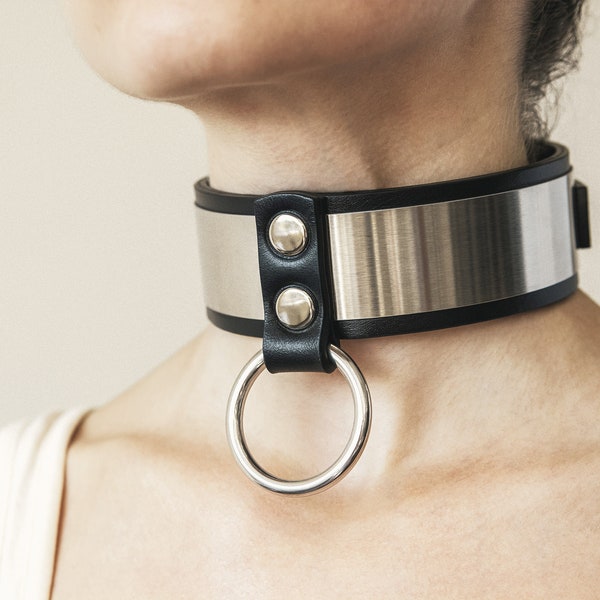 Handmade custom Metal-Leather Black choker O ring collar "Kris" (10 color options stainless steel hardware)