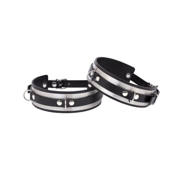 Premium Quality Metal-Black-Leather Thigh Cuffs "Nelli" (10 color options stainless steel hardware)