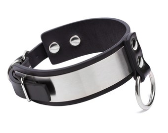 Handmade custom Metal-Leather Black choker O ring collar "Kris" (10 color options stainless steel hardware)
