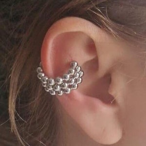 Triple Row Silver Beaded Ear Cuff – No Piercing Helix Clip-On Earring for Women