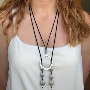 Long Brass Necklace  – Circle Pendant with Teardrop Charms on Black Cord