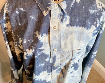 Unisex Men XL Boyfriend Shirt Distressed Reverse Tie Dye Acid Wash Denim Chambray Shirt