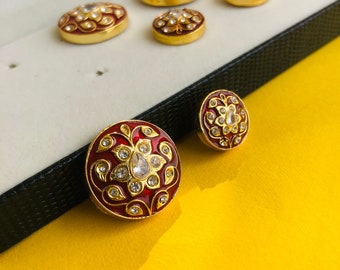 Handgjord indisk Sherwani-knapp, Jodhpuri Maharaja-look Kundan Meena-smycken, förgylld knapp