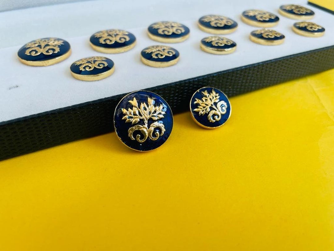 Navy Blue Meenakari Buttons | Handmade Gold Floral Sherwani Kurta ...