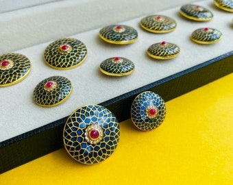 Vintage Antique Gold Diamond Polki Kundan Enamel Work Button Set of 13