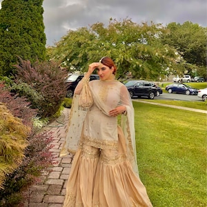 Nikkah Eid White Golden gharara Bridal Nikkah Inspired Pakistani Indian clothing Ethnic wear guest wear