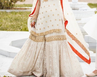 Pakistani Wedding Bridal Gharara Dress | Custom Stitched Handwork Suits For Nikkah Ceremony |