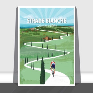 May include: A cyclist rides up a winding road in the Tuscan countryside. The road is lined with cypress trees and the sky is blue with white clouds. The text "STRADE BIANCHE Toscana Italia" is at the top of the image.