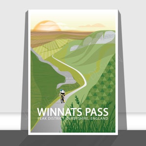 Lámina artística de ciclismo, tamaños A3 y A4, Winnats Pass, Derbyshire, Inglaterra