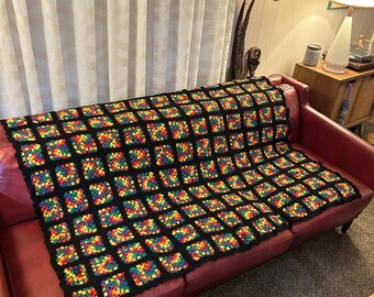 Vintage Granny Square Afghan 76x56 Handmade Crochet Blanket Colorful Black Boho Throw