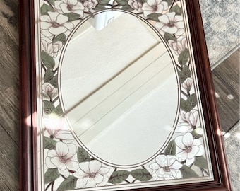 Vintage Rectangular Reverse Painting Mirror with Wooden Frame | Magnolia Floral Design