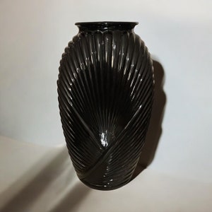 80s art deco. 1980s Black Art deco vase. 1930s Belgium ribbed draped 13&quot; vase. Glass vase.  Art deco vase. Black home decor.