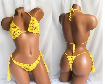 Transparent Crochet Extreme Micro String Bikini, Handmade Sheer Swimwear Set