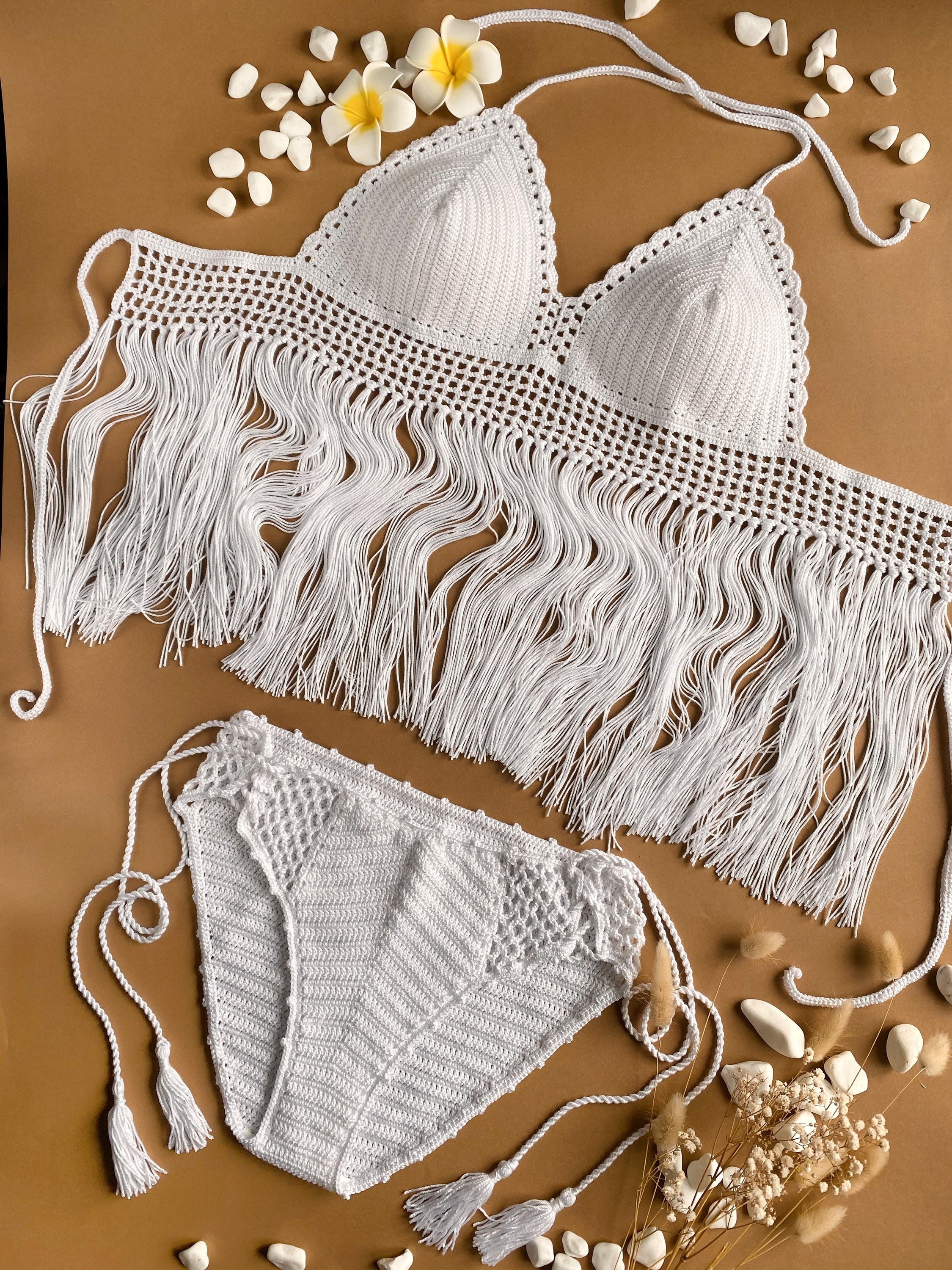 White crochet bikini set Crochet fringe crop top and cheeky Etsy