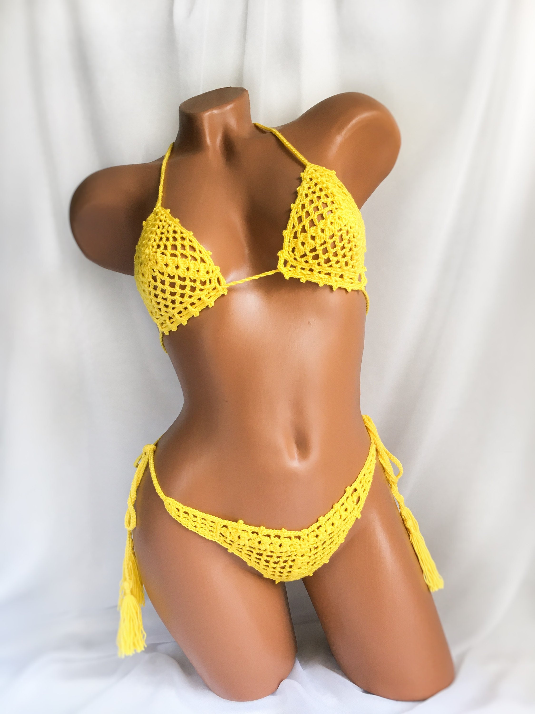 See through micro bikini Yellow Crochet thong bikini set in Etsy