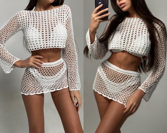Crochet bikini cover up, Handmade swimsuit coverup, long sleeve top and skirt, crochet fishnet swimwear, mesh beach white rave outfit