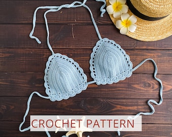 Crochet bikini top pattern on English Crochet triangle bralette pattern for cup size AA-DD (beginners and intermediate)