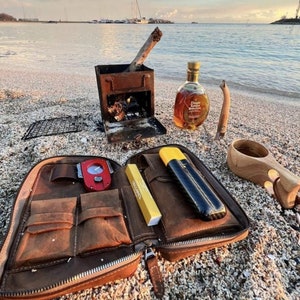 Étui à cigares en cuir, sac à cigares en cuir, sac de voyage pour cigares, pochette à cigares avec fermeture à glissière, cadeau de Noël personnalisé, étui à pipes en cuir pour 2 tubes