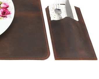 Leather Cutlery Holder and Placemat Sets for Restaurant, Cafe, or Bar, Customizable Home Decor, Double Mat Set for Mother's Day Gift