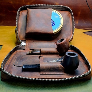 Leather Pipe Bag, Zippered Pipe Case, Leather Pipe Pouch, Leather case for 2-Pipe Case, Handmade Tobacco Bag, Personalized Christmas Gift