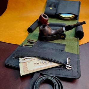 Leather Pipe Roll, Leather Pipe Pouch, Handmade Pipe Bag, Full Set for 2-Pipe, Zippered Pipe Case, Personalized Christmas Gift