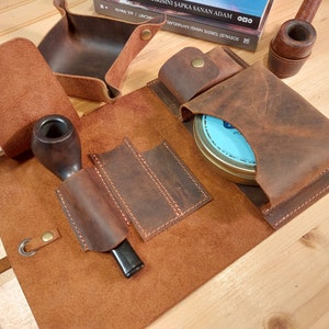 Leather Pipe Roll, Leather Pipe Pouch, Leather Pipe Bag,  Full Set  for Single Pipe Case,  Personalized Christmas Gift, Tobacco Pouch