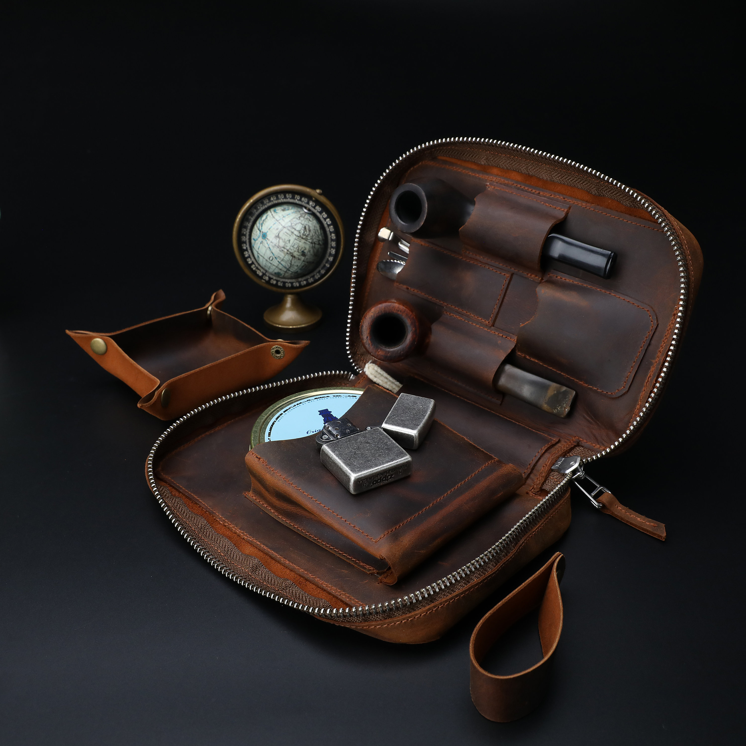 pipe tobacco travel case Leather Two-pipe Case, Zippered Tobacco Pouch, Handmade Groomsman Bag,  Personalized Gift