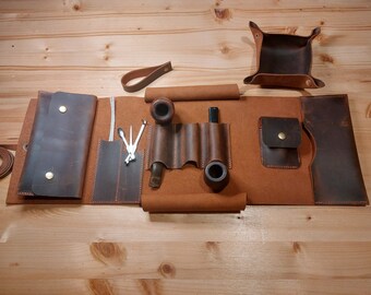 Leather Pipe Roll Full Set, Handmade Pipe Roll-up Bag, Tobacco Pouch, Pipe Stand, Valet Tray, The Pipe Smokers, Triple pipe